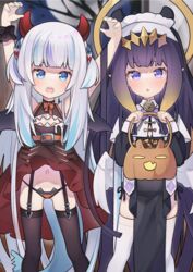  2girls :o alternate_costume arms_up bat_wings black_garter_straps black_scrunchie black_thighhighs blue_eyes blue_hair blunt_bangs commentary cookie cp2980606 fins fish_tail food garter_straps gawr_gura habit halloween_bucket halloween_costume highres hololive hololive_english horns light_blush long_hair looking_at_viewer mole mole_under_eye multicolored_hair multiple_girls navel ninomae_ina&#039;nis nun purple_eyes purple_hair scrunchie shark_tail sharp_teeth streaked_hair symbol-only_commentary tail teeth thighhighs two-tone_hair two_side_up very_long_hair virtual_youtuber white_hair white_thighhighs wings wrist_scrunchie 