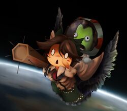  1boy arm_cannon astronaut bird_wings black_hair black_wings blouse blush_stickers bow brown_hair cape chibi collared_shirt colored_skin commentary_request control_rod cookie_(touhou) crossover earth_(planet) eyes_visible_through_hair female flying frilled_skirt frills full_body gloves green_bow green_skin green_skirt hairbow highres kerbal kerbal_space_program long_hair nadeko_(cookie) no_hands open_mouth planet puffy_short_sleeves puffy_sleeves reiuji_utsuho riding sasagasaka shirt short_sleeves skirt solid_circle_eyes space third_eye touhou triangle_mouth weapon white_cape white_gloves white_shirt wings 