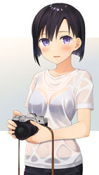  absurdres apollo_(hu_maple) black_hair blue_bra blush bra breasts camera cleavage commentary_request cowboy_shot female gradient_background highres holding holding_camera looking_at_viewer original parted_lips purple_eyes see-through shirt short_hair short_sleeves small_breasts smile solo sweat underwear wet wet_clothes wet_shirt white_shirt 