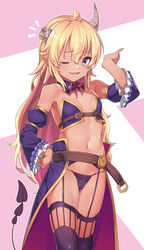  ;d ahoge arm_up armpits bare_shoulders belt black_legwear black_panties blonde_hair blue_eyes breasts broken_horn dark_skin demon_girl demon_horns demon_tail detached_collar detached_sleeves female flat_chest frills furrowed_eyebrows garter_belt groin hand_on_hip highres horns juliet_sleeves konnyaku_(kk-monmon) lilith_(machikado_mazoku) long_hair long_sleeves looking_at_viewer machikado_mazoku midriff navel neck_ribbon notice_lines oerba_yun_fang one_eye_closed open_mouth panties pointy_ears puffy_sleeves revealing_clothes ribbon small_breasts smile solo standing stomach tail thighhighs underwear very_long_hair waist_cape 