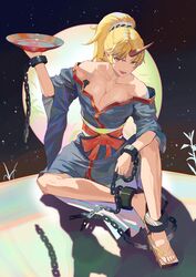  alcohol alternate_hairstyle blonde_hair blue_kimono breasts cleavage collarbone cuffs cup female full_body geta highres horns hoshiguma_yuugi hoshiguma_yuugi_(kimono) japanese_clothes kimono large_breasts long_hair long_sleeves looking_at_viewer moon night obi off_shoulder open_mouth outdoors parted_bangs pointy_ears ponytail red_eyes sakazuki sake sandals sash shackles single_horn sitting sky solo star_(sky) starry_sky teasmacker touhou wide_sleeves 