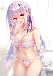  :d backlighting bare_shoulders blue_ribbon blush bow bow_bra bow_panties bra breasts cleavage collarbone commentary_request cowboy_shot curtains female frilled_bra frilled_panties frills hair_between_eyes hair_ornament hair_ribbon hairclip large_breasts long_hair long_sleeves looking_at_viewer navel off_shoulder open_mouth original panties pink_hair red_eyes ribbon sazaki_ichiri shirt sleeves_past_wrists smile solo sunlight transparent underwear very_long_hair white_bra white_panties white_shirt window 