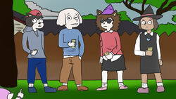  16:9 alice_fefferman apocalypse_(artist) baseball_cap bat black_hair bottomwear brown_hair canned_drink cartoon_network clothed clothing domestic_cat dress earthbound_(series) elephantid eulipotyphlan extinct eyewear felid feline felis fur grass group hair hat headgear headwear hedgehog hedgehog_(sci) hoodie king_of_the_hill mammal mammoth max_(sci) ness nintendo oscar_peltzer outside parody party_hat picket_fence pink_hair plant proboscidean skirt summer_camp_island sunglasses susie_mccallister sweater topwear tree trio tuft white_body white_fur widescreen witch_hat young 