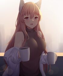  absurdres act_(xadachit) animal_ear_fluff animal_ears breasts brown_eyes brown_sweater_vest coffee_mug cup female girls&#039;_frontline girls&#039;_frontline_neural_cloud highres holding holding_cup large_breasts long_hair looking_at_viewer mug open_mouth persicaria_(neural_cloud) pink_hair robe simple_background smile solo sweater_vest upper_body white_robe 