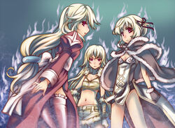  3girls aura bio_lab blonde_hair bow breasts brown_cape brown_dress brown_gloves cape cecil_damon closed_mouth commentary_request cowboy_shot crop_top dated_commentary double_bun dress expressionless flat_chest frilled_legwear fur-trimmed_cape fur-trimmed_gloves fur-trimmed_shirt fur-trimmed_shorts fur_trim gloves hair_bun hair_ribbon high_priest_(ragnarok_online) high_wizard_(ragnarok_online) juliet_sleeves kathryne_keyron kawagoe_pochi layered_dress long_hair long_sleeves looking_at_viewer low-tied_long_hair margaretha_sorin midriff multiple_girls navel open_mouth puffy_sleeves ragnarok_online red_dress red_eyes red_ribbon ribbon sash shirt short_dress short_hair short_shorts shorts sleeveless sleeveless_shirt small_breasts sniper_(ragnarok_online) strapless strapless_dress thighhighs two-tone_dress white_bow white_dress white_legwear white_sash yellow_gloves yellow_shirt yellow_shorts 