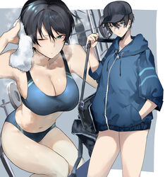  absurdres armpits bag barbell baseball_cap black_bag black_hair blue_eyes blue_hoodie blue_jacket blue_sports_bra breasts breath cleavage collarbone commentary_request duffel_bag feet_out_of_frame female hand_in_pocket hat highres holding holding_bag holding_strap hood hoodie jacket kyoyakyo large_breasts multiple_views navel one_eye_closed open_bag original parted_lips power_rack punching_bag short_hair sports_bikini sports_bra standing steaming_body sweat tomboy towel tsurime zipper zipper_pull_tab 