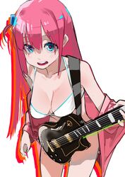  absurdres artist_name bikini blue_eyes bocchi_the_rock! breasts character_name collarbone commentary cowboy_shot cube_hair_ornament dated electric_guitar female gibson_brands_inc gibson_les_paul gotoh_hitori guitar hair_between_eyes hair_ornament highres holding holding_instrument holding_plectrum instrument jacket large_breasts leaning_forward long_hair looking_at_viewer off_shoulder one_side_up pink_hair pink_jacket plectrum solo swimsuit teeth tngkbmarlon track_jacket upper_teeth_only white_bikini 