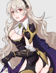  armor ass black_hairband black_panties blush breasts cape cleavage cleavage_cutout clothing_cutout corrin_(female)_(fire_emblem) corrin_(female)_(nohr_noble)_(fire_emblem) corrin_(fire_emblem) female fire_emblem fire_emblem_fates fire_emblem_heroes hair_between_eyes hair_ornament hairband highres large_breasts long_hair looking_at_viewer official_alternate_costume open_mouth panties peach11_01 pointy_ears red_eyes smile solo torn_cape torn_clothes underwear white_hair 