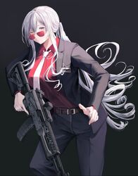  ak-12 ak-12_(girls&#039;_frontline) ak-12_(lucia)_(girls&#039;_frontline) assault_rifle belt black_background black_jacket black_pants blazer business_suit female formal girls&#039;_frontline glasses gun highres holding holding_weapon jacket kalashnikov_rifle long_hair looking_at_viewer necktie official_alternate_costume one_eye_closed pants parang ponytail purple_eyes red_shirt rifle shirt smile solo standing suit weapon white_hair white_necktie 