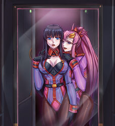  2girls black_hair blue_eyes breasts chinese_commentary cleavage commentary_request corruption dark_persona gloves gundam gundam_00 gundam_seed gundam_seed_destiny hair_ornament hand_on_own_chest highres in-franchise_crossover lacus_clyne leebigtree long_hair marina_ismail mirror multiple_girls open_mouth pink_hair ponytail reflection tied_hair 