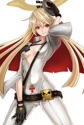  ankh belt belt_buckle black_gloves blonde_hair bodysuit breasts buckle cleavage colored_inner_hair female gloves guilty_gear guilty_gear_xrd halo highres jack-o&#039;_valentine jewelry long_hair looking_at_viewer mhg_(hellma) multicolored_hair red_eyes red_hair simple_background solo spiked_halo two-tone_hair white_background 