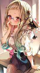  1boy :d ^_^ arm_support bespectacled black_headwear black_pants black_skirt blue_hair blush brown_legwear chibi closed_eyes collarbone collared_shirt commentary_request dress_shirt female fishnet_pantyhose fishnets gakuseibou glasses gradient_hair green_hair hanako_(jibaku_shounen_hanako-kun) hand_on_own_face hand_up hat heart hitodama indoors jibaku_shounen_hanako-kun light_brown_hair long_hair looking_at_viewer magatama magatama_hair_ornament military_hat mini_person miniboy multicolored_hair ofuda open_clothes open_mouth pants pantyhose parted_lips peaked_cap pencil_skirt piyokichi profile revision semi-rimless_eyewear shirt short_sleeves sitting sitting_on_table skirt smile twintails very_long_hair white_shirt yashiro_nene 