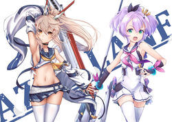  2girls arm_up armpits ascot ayanami_(azur_lane) azur_lane bare_shoulders blonde_hair blue_skirt bow breasts collaboration commentary_request crop_top crown detached_sleeves dress duplicate green_hair hair_between_eyes hairbow headgear highres holding holding_polearm holding_sword holding_weapon javelin_(azur_lane) long_hair looking_at_viewer medium_breasts midriff mini_crown miniskirt minosu multiple_girls navel neckerchief open_mouth pink_neckerchief polearm ponytail purple_hair red_eyes sailor_collar shirt short_hair sideboob sidelocks simple_background skirt sleeveless sleeveless_shirt spear swept_bangs sword thighhighs weapon white_background white_dress white_shirt white_thighhighs wide_sleeves yellow_ascot zettai_ryouiki zombie_mogura 