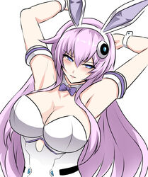  alternate_breast_size animal_ears armpits arms_behind_head arms_up bare_shoulders blue_eyes blush breasts cleavage detached_collar embarrassed fake_animal_ears female hair_between_eyes highres large_breasts leotard long_hair looking_at_viewer neptune_(series) pink_hair playboy_bunny power_symbol power_symbol-shaped_pupils purple_hair purple_sister rabbit_ears seshiro_(which501) simple_background solo symbol-shaped_pupils upper_body very_long_hair white_background white_leotard wrist_cuffs 