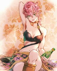  arm_behind_head arm_up armpits bare_shoulders boots bottle choker collarbone female fingernails floral_print green_eyes highres holding holding_bottle jojo_no_kimyou_na_bouken knee_up kuroimori magazine_(object) midriff navel pink_hair sharp_fingernails short_hair signature sitting skirt solo trish_una vento_aureo 