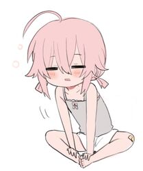  ahoge bad_id bad_pixiv_id bandaid bandaid_on_knee bandaid_on_leg bare_arms bare_shoulders barefoot blush_stickers camisole chibi closed_eyes facing_viewer female full_body grey_camisole highres low_twintails original parted_lips pink_hair shiodome_oji short_shorts short_twintails shorts simple_background sleepy solo twintails white_background white_shorts 