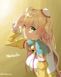  absurdres aqua_capelet bell blonde_hair breasts bun_cover capelet character_name chinese_clothes cropped_shirt detached_sleeves double_bun dress eyelashes female flushienime frilled_sleeves frills from_side gradient_background gradient_hair green_eyes grin hair_bun highres hololive jingle_bell juliet_sleeves long_hair long_sleeves looking_at_viewer medium_breasts mixed-language_commentary momosuzu_nene momosuzu_nene_(old_design) multicolored_hair neck_bell neck_ribbon pink_hair puffy_sleeves ribbon salute shirt sideways_glance smile solo twitter_username two_side_up upper_body virtual_youtuber white_shirt wide_sleeves yellow_background yellow_dress yellow_sleeves 