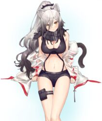  animal_ears arknights arm_support bare_shoulders black_hair black_scarf black_shorts blush breasts cat_ears cat_tail cleavage closed_mouth commentary crop_top earrings feet_out_of_frame female gradient_hair grey_hair hair_between_eyes hair_ornament head_tilt invisible_chair jacket jewelry large_breasts long_hair long_sleeves looking_at_viewer midriff multicolored_hair multiple_earrings navel off_shoulder open_clothes open_jacket ponytail pouch scarf schwarz_(arknights) see-through short_shorts shorts sitting sleeveless solo straight-on strap symbol-only_commentary tail thigh_gap thigh_pouch thigh_strap uhhgaoh white_background white_jacket yellow_eyes 