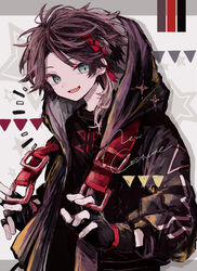  1boy absurdres aqua_eyes azzz_(7334080) black_gloves fingerless_gloves gloves highres hood hood_up male_focus nijisanji parted_lips saegusa_akina saegusa_akina_(4th_costume) shadow short_hair_with_long_locks smile solo star_(symbol) upper_body virtual_youtuber 