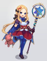  :d abigail_williams_(fate) blonde_hair blue_eyes blue_gloves blue_pantyhose blush breasts brown_dress cape commentary cosplay dress elbow_gloves fate/grand_order fate_(series) female forehead full_body gloves highres leonardo_da_vinci_(fate) leonardo_da_vinci_(rider)_(fate) leonardo_da_vinci_(rider)_(fate)_(cosplay) long_hair looking_at_viewer miya_(miyaruta) open_mouth pantyhose parted_bangs ponytail puff_and_slash_sleeves puffy_short_sleeves puffy_sleeves red_skirt short_sleeves skirt small_breasts smile solo staff stuffed_animal stuffed_toy teddy_bear 