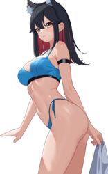  absurdres animal_ears arknights arm_strap ass bare_shoulders bikini binware black_hair blue_bikini breasts brown_eyes colored_inner_hair commentary cowboy_shot female highres long_hair looking_at_viewer medium_breasts multicolored_hair navel red_hair simple_background solo standing stomach swimsuit texas_(arknights) thighs white_background wolf_ears 