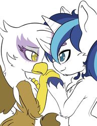  anthro avian beak blue_eyes blue_hair blush brown_body brown_feathers digital_media_(artwork) duo equid equine feathers female friendship_is_magic fur gilda_(mlp) gryphon hair half-closed_eyes hand_holding hasbro hi_res hooves horn male male/female mammal my_little_pony mythological_avian mythological_creature mythological_equine mythology narrowed_eyes outline semi-anthro shining_armor_(mlp) shinkaku simple_background smile tuft unicorn white_background white_body white_feathers white_fur yellow_eyes 