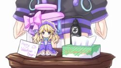  2girls adult_neptune black_jacket blonde_hair blue_eyes blush bottled_fairy bow bowtie brand_name_imitation company_name dress embarrassed english_text frown full_body gift_wrapping hair_between_eyes happy_valentine highres histoire jacket jar kami_jigen_game_neptune_v long_hair long_sleeves looking_at_viewer lube mini_person minigirl multiple_girls neptune_(series) nervous novus_rue pun purple_dress sitting solo_focus tissue tissue_box twintails valentine white_legwear 