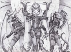  ambiguous_gender anthro armor azural_cobaltros belt canid canine canis damian_sinclaire_morningstar dragon dual_wielding futuristic_gun group gun handgun headgear helmet holding_object holding_weapon ishai mammal mark_the_dragon membrane_(anatomy) membranous_wings mythological_creature mythological_scalie mythology pistol ranged_weapon scalie tail utility_belt weapon wings wolf 