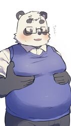  2022 a_vwxyz anthro bear belly big_belly black_body black_nose blush bodily_fluids clothing eyewear giant_panda glasses gomibako_xxxx hi_res japanese_text kemono male mammal overweight overweight_male sasayama_akira shirt solo sweat sweater sweater_vest text topwear vest vtuber 