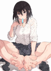  absurdres barefoot batatata77 black_hair breasts cleavage feet female food food_in_mouth foot_focus foot_pussy greek_toe highres long_hair looking_at_viewer original pleated_skirt popsicle purple_eyes school_uniform simple_background skirt soles solo spread_legs sweat toes unworn_legwear white_background 