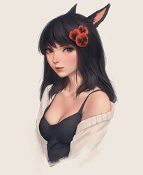  animal_ears black_hair breasts cat_ears cleavage close-up closed_mouth commentary cropped_torso english_commentary female final_fantasy final_fantasy_xiv flower grey_background hair_flower hair_ornament lips long_hair looking_at_viewer medium_breasts miqo&#039;te miura-n315 profile red_eyes slit_pupils solo tank_top upper_body warrior_of_light_(ff14) 