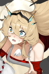  absurdres alternate_muscle_size barghest_(fate) barghest_(like_a_lady)_(fate) basaru_1106 blonde_hair blue_eyes breasts cake falling fate/grand_order fate_(series) female food gradient_eyes heterochromia highres large_breasts multicolored_eyes orange_eyes 