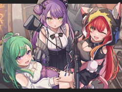  3girls :o ;d animal_hood anku bare_shoulders belt beret bikini black_belt black_bow black_bowtie black_bustier black_collar black_headwear black_jacket black_nails black_ribbon black_skirt bow bowtie braid breasts cardigan cleavage clothing_cutout collar collared_shirt colored_inner_hair crossed_legs demon_girl french_braid frilled_shirt frilled_sleeves frills from_above goggles goggles_on_headwear green_eyes green_hair grey_bikini grey_cardigan gun h&amp;k_mp7 hair_behind_ear hair_bun hair_ornament hair_ribbon hairclip hat high-waist_skirt highres hololive hood hood_up hooded_jacket jacket jewelry jirai_kei long_hair long_sleeves medium_breasts meme_attire miniskirt mole mole_on_breast multicolored_hair multiple_girls necklace nekota_tsuna nekota_tsuna_(1st_costume) oerba_yun_fang off_shoulder official_alternate_costume one_eye_closed open-chest_sweater open_cardigan open_clothes orange_eyes paint_splatter pink_hair pleated_skirt pointy_ears pom_pom_(clothes) ponytail purple_eyes purple_hair purple_skirt red_hair ribbed_sweater ribbon shirt short_sleeves shoulder_cutout side_slit single_side_bun skirt smile streaked_hair submachine_gun suspender_skirt suspenders sweater swept_bangs swimsuit tokoyami_towa tokoyami_towa_(jirai_kei) very_long_hair virtual_youtuber vspo! weapon white_bow white_shirt white_sweater yakumo_beni yakumo_beni_(3rd_costume) 