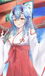  :d ahoge alternate_costume blue_hair braid breasts clothing_cutout colored_tips commentary_request elf female hair_between_eyes hakama hakama_skirt half_updo heart heart_ahoge highres hololive horns japanese_clothes large_breasts long_hair looking_at_viewer miko multicolored_hair oni oni_horns pointy_ears red_hakama shoulder_cutout skirt smile solo streaked_hair very_long_hair virtual_youtuber wide_sleeves yellow_eyes yukihana_lamy yuzuki4no 