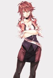  black_choker breasts choker cleavage cleavage_cutout clothing_cutout collarbone crossed_arms earrings female green_eyes jewelry kawo-ri looking_to_the_side medium_hair pantyhose pencil_skirt red_hair sakurai_sagiri skirt solo super_robot_wars super_robot_wars_t 