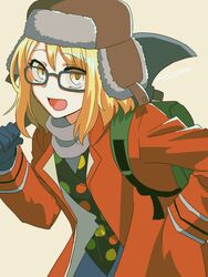  axe backpack bag black_gloves blonde_hair fate/grand_order fate_(series) female fur_hat glasses gloves hand_in_pocket hat multicolored_polka_dots paul_bunyan_(fate) polka_dot signature super_bunyan_(fate) super_bunyan_(first_ascension)_(fate) ushanka yellow_eyes yuuzuki230 