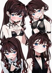  armband bikini blue_eyes blush breasts brown_hair choker cleavage collar collared_bikini earrings elisia_valfelto female highres jewelry long_hair luicent multiple_views neck_ribbon necklace original ribbon swimsuit waitress white_background 