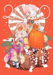  2020 2girls animal_ears chinese_zodiac chopsticks chopsticks_in_mouth closed_eyes eating grey_hair holding japanese_clothes kimono l_hakase leaf long_hair long_sleeves mouse_ears mouse_girl multiple_girls original print_kimono rising_sun_flag sandals short_hair sitting sunburst white_hair year_of_the_rat yellow_eyes 