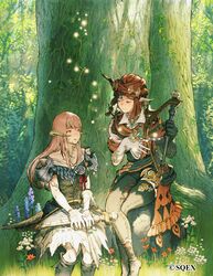  2girls armor au_ra bard_(final_fantasy) bare_shoulders belt black_footwear black_gloves black_legwear blunt_bangs boots brooch brown_shirt closed_eyes coat commentary company_name crossed_legs dragon_horns dragon_tail fantasy final_fantasy final_fantasy_xiv flower forest gloves harp highres holding holding_instrument horn_ornament horn_ring horns instrument jewelry kuroimori long_hair multiple_girls nature necklace off-shoulder_shirt off_shoulder orange_coat orange_hair outdoors parted_lips pauldrons pink_hair plant red_ribbon ribbon rock scales shirt shoulder_armor sitting sitting_on_rock skirt smile tail thigh_boots thighhighs tree turban vines warrior_of_light_(ff14) white_gloves white_skirt yellow_eyes 