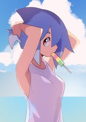  absurdres armpits arms_up azuumori blue_sky cloud cloudy_sky day female food highres horizon mako_(azuumori) original outdoors popsicle profile red_eyes see-through_silhouette shark_fin shark_girl sky solo tank_top white_tank_top 