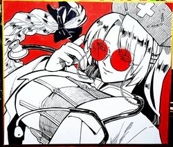  adjusting_eyewear bow braid breasts commentary dress eyewear_strap female glasses hairbow hat highres large_breasts long_hair looking_at_viewer monochrome nurse_cap parted_bangs photo_(medium) red_theme round_eyewear shikishi solo stethoscope touhou traditional_media very_long_hair whoru yagokoro_eirin 