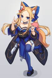  abigail_williams_(fate) animal_ears bare_shoulders blonde_hair blue_bow blue_eyes blue_kimono blue_thighhighs blush bow breasts commentary cosplay detached_sleeves double_fox_shadow_puppet fate/extra fate/grand_order fate_(series) female forehead fox_ears fox_girl fox_shadow_puppet fox_tail full_body hairbow highres japanese_clothes kimono long_hair looking_at_viewer miya_(miyaruta) obi parted_bangs sash small_breasts smile solo stuffed_animal stuffed_toy tabi tail tamamo_(fate) tamamo_no_mae_(fate/extra) tamamo_no_mae_(fate/extra)_(cosplay) teddy_bear thighhighs twintails wide_sleeves 