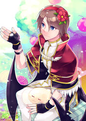  1boy :3 apple bad_id bad_twitter_id black_gloves black_wings blue_eyes brown_hair capelet closed_eyes closed_mouth commentary_request dated drops_(ragnarok_online) eizennn eyes_visible_through_hair feet_out_of_frame fingerless_gloves flower food fruit fur-trimmed_capelet fur_trim gloves hair_flower hair_ornament hairband high_collar high_wizard_(ragnarok_online) looking_to_the_side male_focus pants parted_bangs ragnarok_online red_capelet red_flower red_hairband shirt short_hair signature sitting slime_(creature) white_pants white_shirt wings 