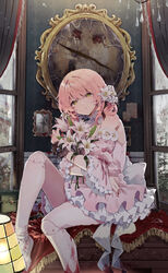  bare_shoulders blood blood_on_clothes bouquet commentary_request curtains detached_sleeves doll_joints dress female flower green_eyes hair_between_eyes half-closed_eyes highres hugging_object ikeuchi_tanuma indoors joints knee_up lily_(flower) long_hair looking_at_viewer original parted_lips photo_(object) pink_dress pink_hair pink_sleeves puffy_short_sleeves puffy_sleeves shoes short_sleeves sitting solo vandalized white_flower white_footwear white_lily wide_sleeves window 