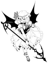  absurdres ankle_ribbon ascot bat_wings blush ddal female fingernails full_body greyscale hat hat_ribbon highres holding holding_polearm holding_weapon leg_ribbon long_fingernails mob_cap monochrome open_mouth polearm remilia_scarlet ribbon sharp_fingernails shirt shoes short_hair short_sleeves simple_background skirt slit_pupils smile solo spear spear_the_gungnir touhou weapon white_background wings wrist_cuffs 