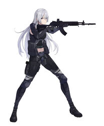  ak-15 ak-15_(girls&#039;_frontline) assault_rifle black_footwear black_gloves braid breasts closed_mouth commentary female french_braid from_side full_body girls&#039;_frontline gloves grey_hair gun headphones highres holding holding_gun holding_weapon holstered kalashnikov_rifle knee_pads long_hair looking_to_the_side navel purple_eyes rifle sidelocks solo standing tactical_clothes weapon white_background wsfw 