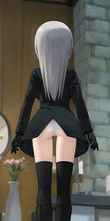  ai-generated ass black_thighhighs breasts facing_away female from_behind glasses grey_hair heidimarie_w._schnaufer highres indoors large_breasts long_hair looking_at_viewer military_uniform panties red_eyes solo strike_witches thighhighs underwear uniform white_hair white_panties world_witches_series 