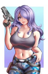  absurdres belt breasts camilla_(fire_emblem) camouflage camouflage_pants cleavage commission cosplay crop_top female fire_emblem fire_emblem_fates gun hair_over_one_eye highres holding holding_gun holding_weapon impossible_clothes impossible_shirt jackary lara_croft lara_croft_(cosplay) large_breasts lips midriff navel pants purple_hair shirt solo tank_top tomb_raider weapon 