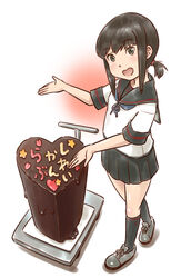  black_eyes black_hair black_sailor_collar black_skirt black_socks cake chocolate commentary_request female food fubuki_(kancolle) fubuki_kai_ni_(kancolle) full_body kantai_collection karasu_(naoshow357) kneehighs low_ponytail pleated_skirt ponytail sailor_collar school_uniform serafuku shoes short_ponytail sidelocks skirt socks solo translated white_background 