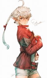  ahoge alisaie_leveilleur belt copyright_name cowboy_shot earclip elezen elf female final_fantasy final_fantasy_xiv fingerless_gloves from_side gloves grey_background hair_ribbon hand_on_own_chest hand_on_own_stomach highres jacket kuroimori long_hair looking_at_viewer pointy_ears ponytail purple_eyes red_gloves red_jacket ribbon romper shirt short_shorts shorts signature simple_background solo standing thighhighs white_hair white_romper white_shirt white_shorts 